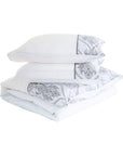 White damask duvet cover and pillowcase bedding set with elegant gray floral pattern