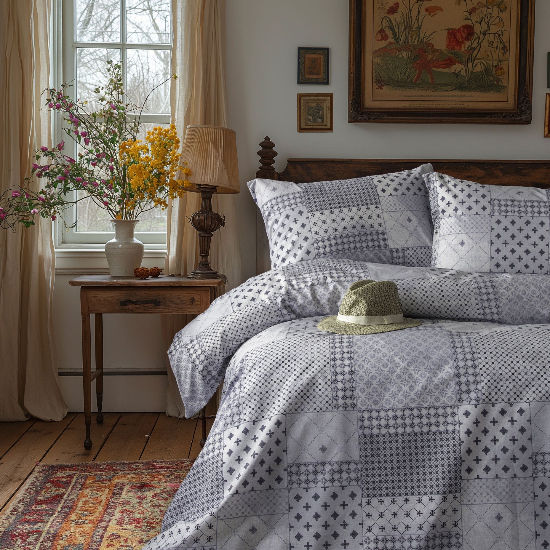 Blue Grey Boho Geometric Patchwork Duvet Cover Retro Bedding Set Leruum London