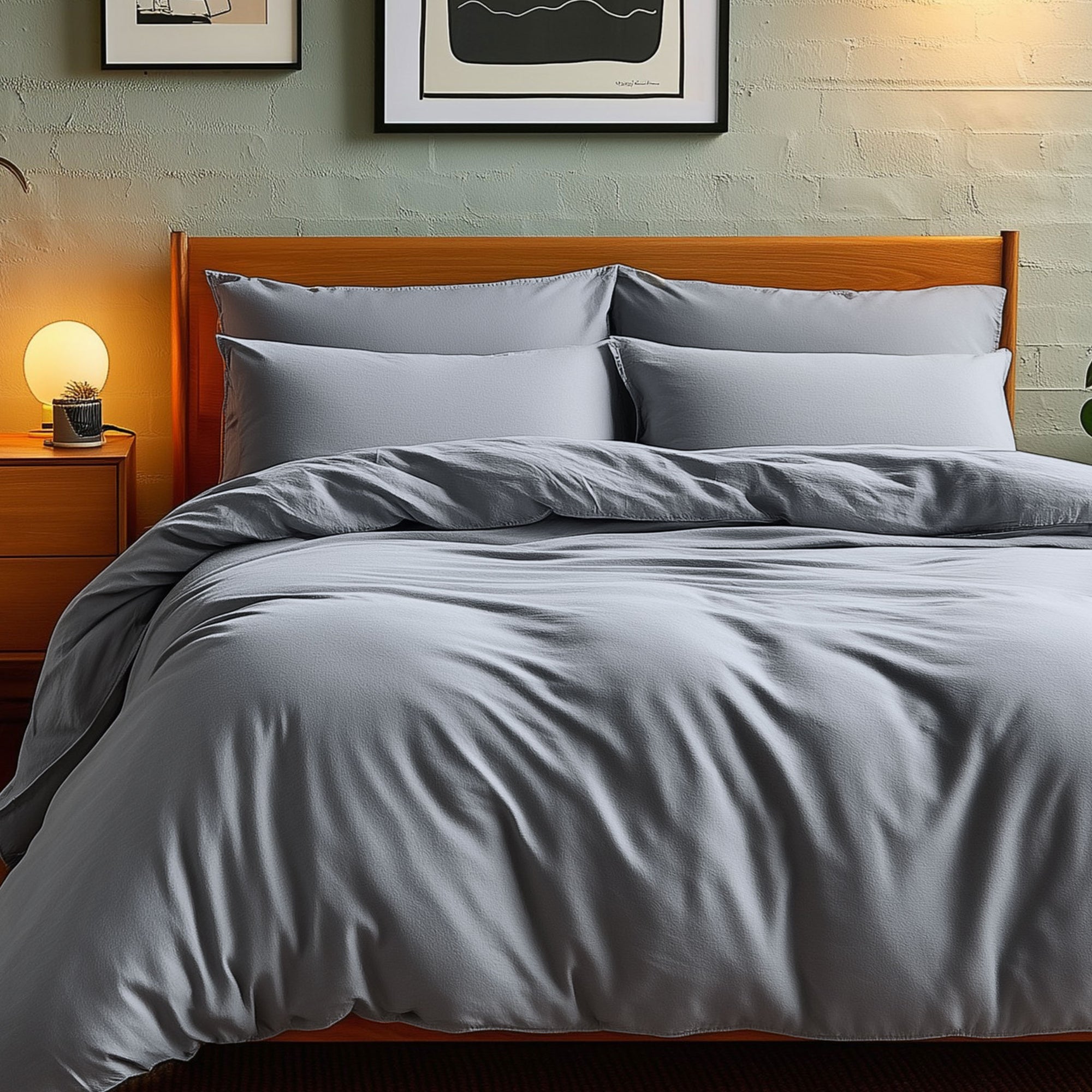 Gray bedding set on a bed with wooden headboard and nightstand in a bedroom setting.