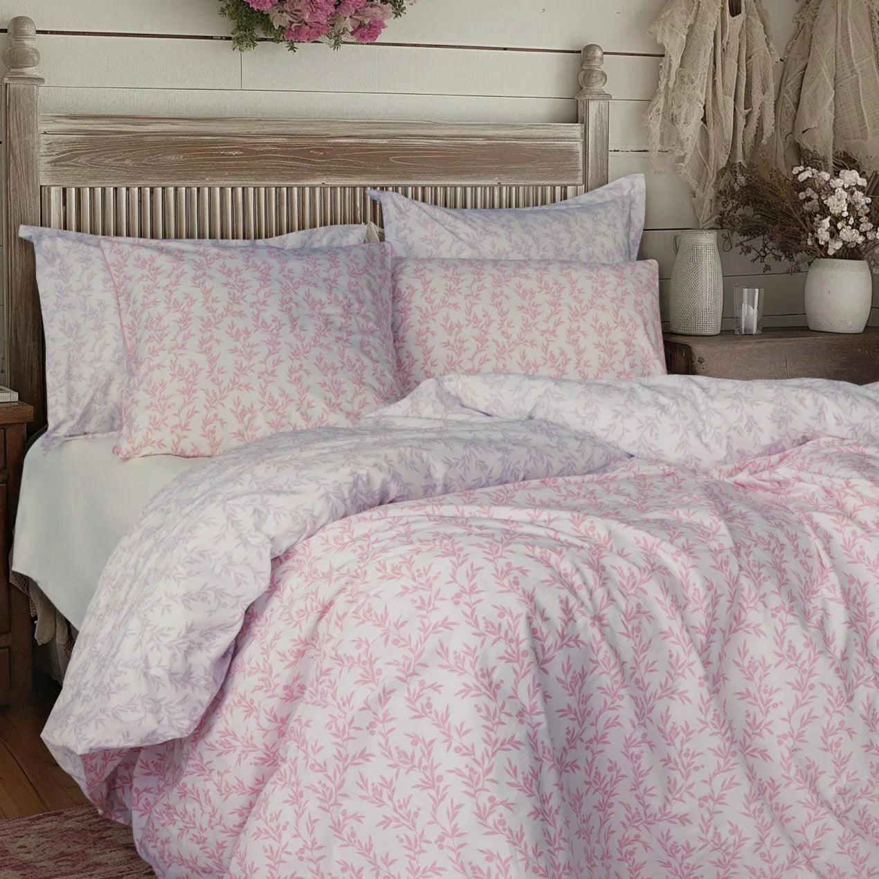Parure De Lit 4 Pièces En Flanelle 100% Coton - Motif Fleur Blush - Pour Grand Lit (drap Plat 229x259 Cm, Housse élastique 152x203 Cm)