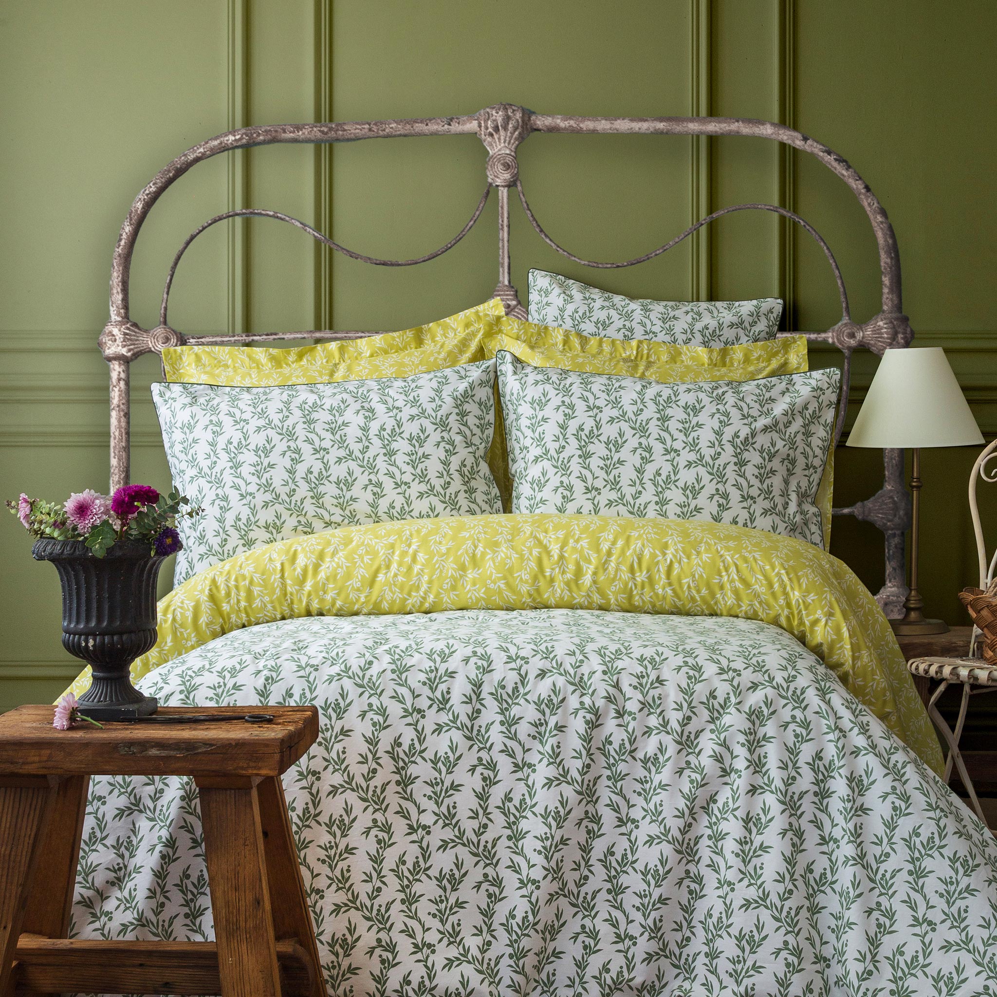 Luxury Cotton Percale Bedding Green Yellow Floral Duvet Cover Set