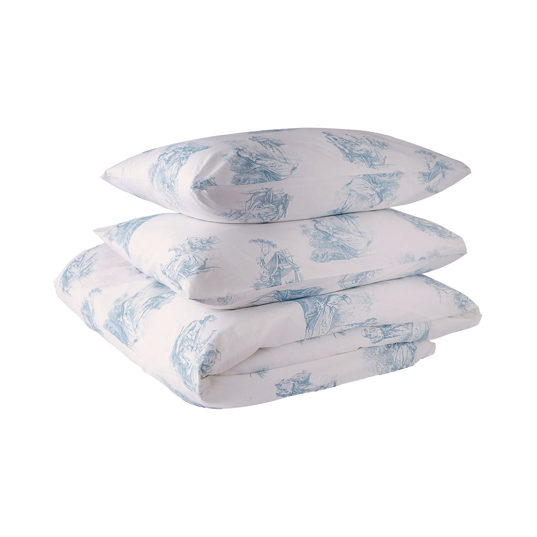 blue toile de jouy folded duvet cover set with pillowcases