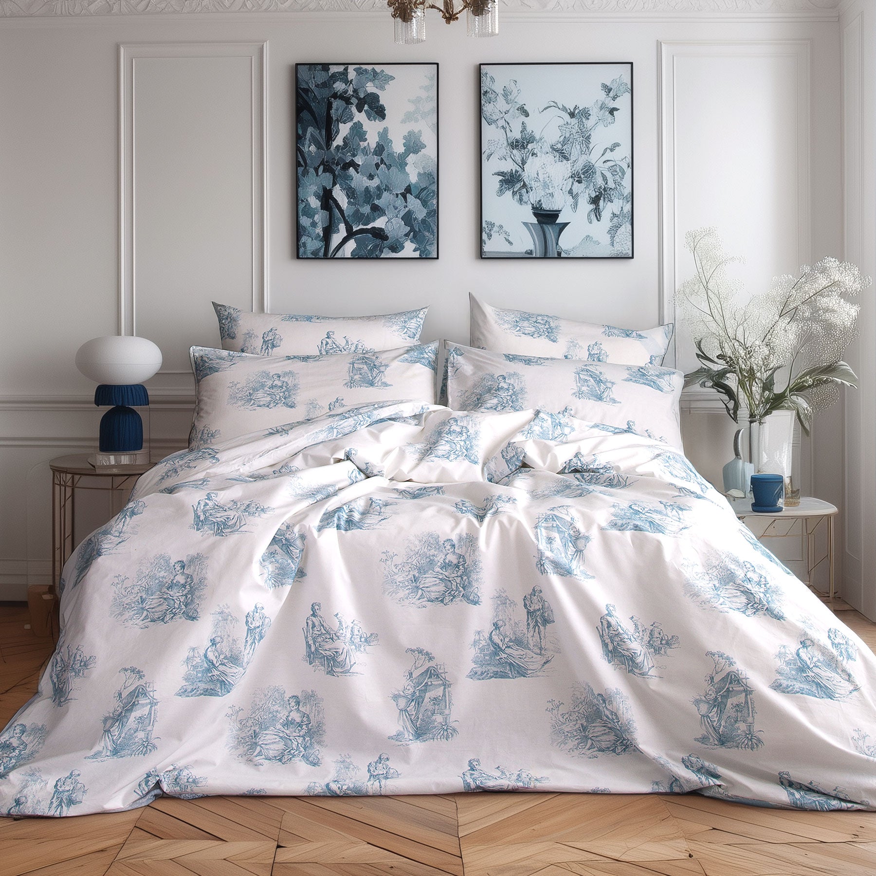 blue coloured antique toile de jouy printed duvet cover and pillowcases