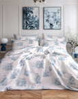 blue coloured antique toile de jouy printed duvet cover and pillowcases