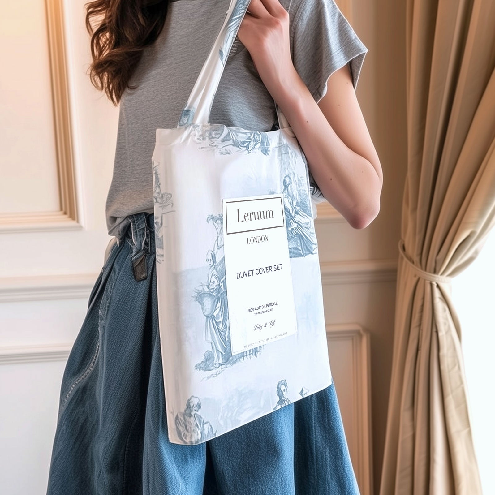 blue white french toile de jouy tote bag