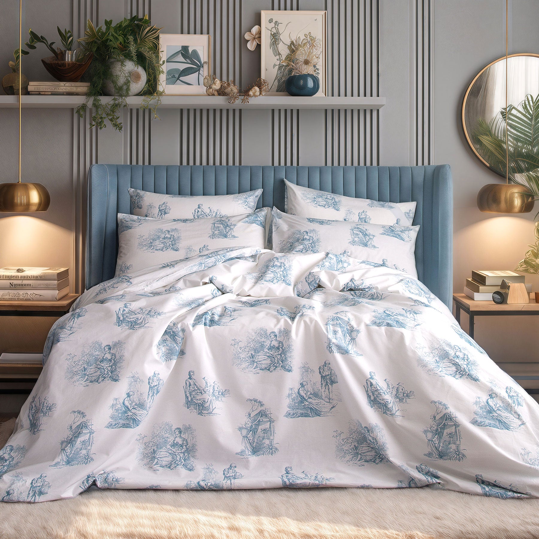blue Chinoiserie French scenic toile de jouy pattern on white cotton duvet cover set
