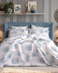 blue Chinoiserie French scenic toile de jouy pattern on white cotton duvet cover set