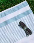 White & Teal Striped 100% Turkish Cotton Peshtemal Towel