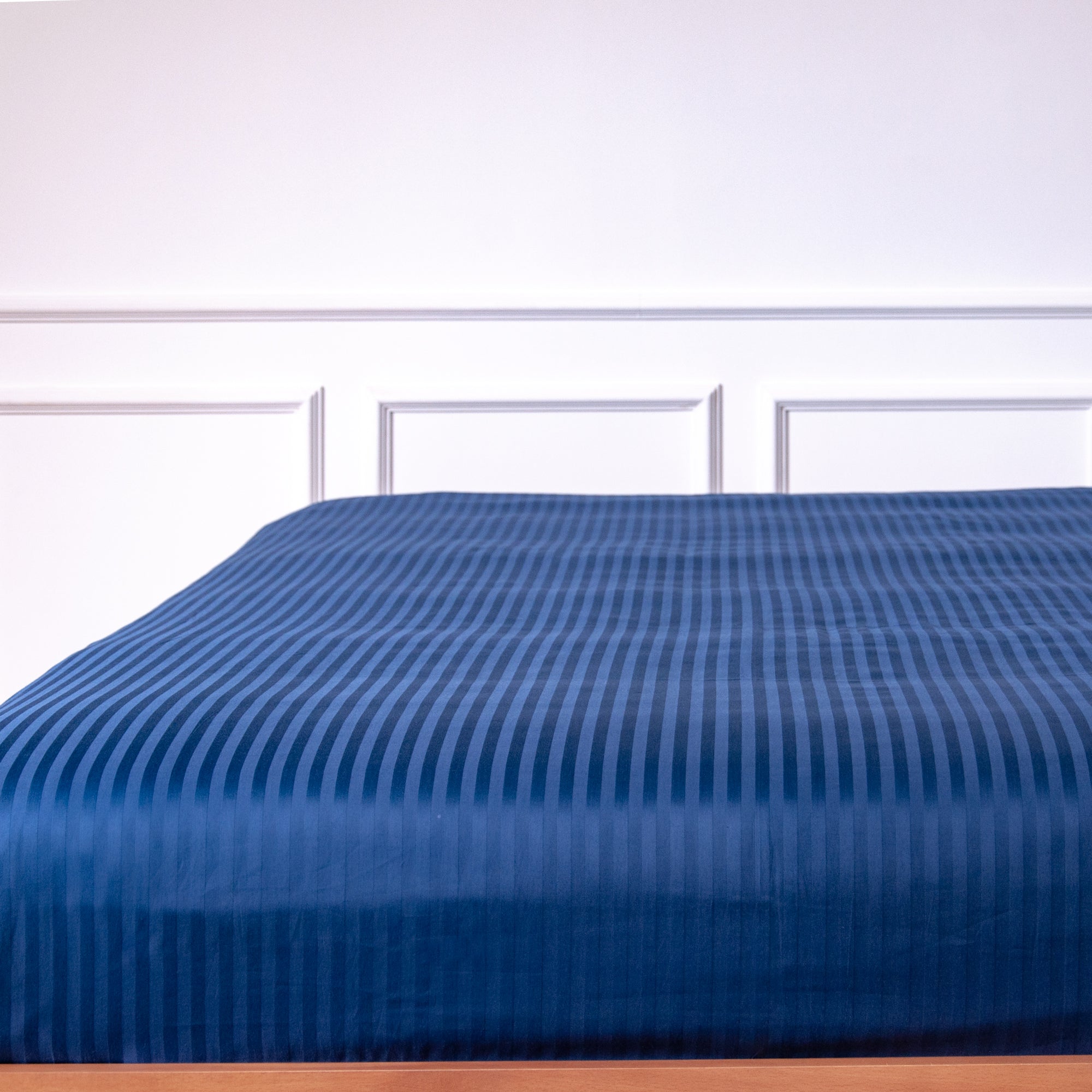 One Piece Navy Blue Striped 100% Cotton Sateen Flat Sheet