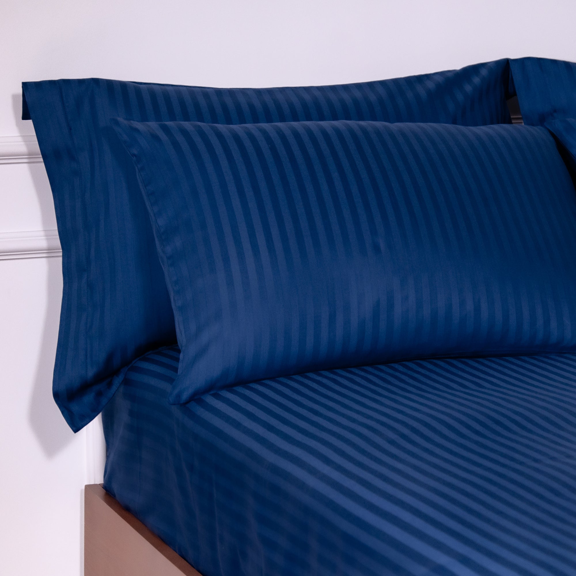 One Piece Navy Blue Striped 100% Cotton Sateen Flat Sheet