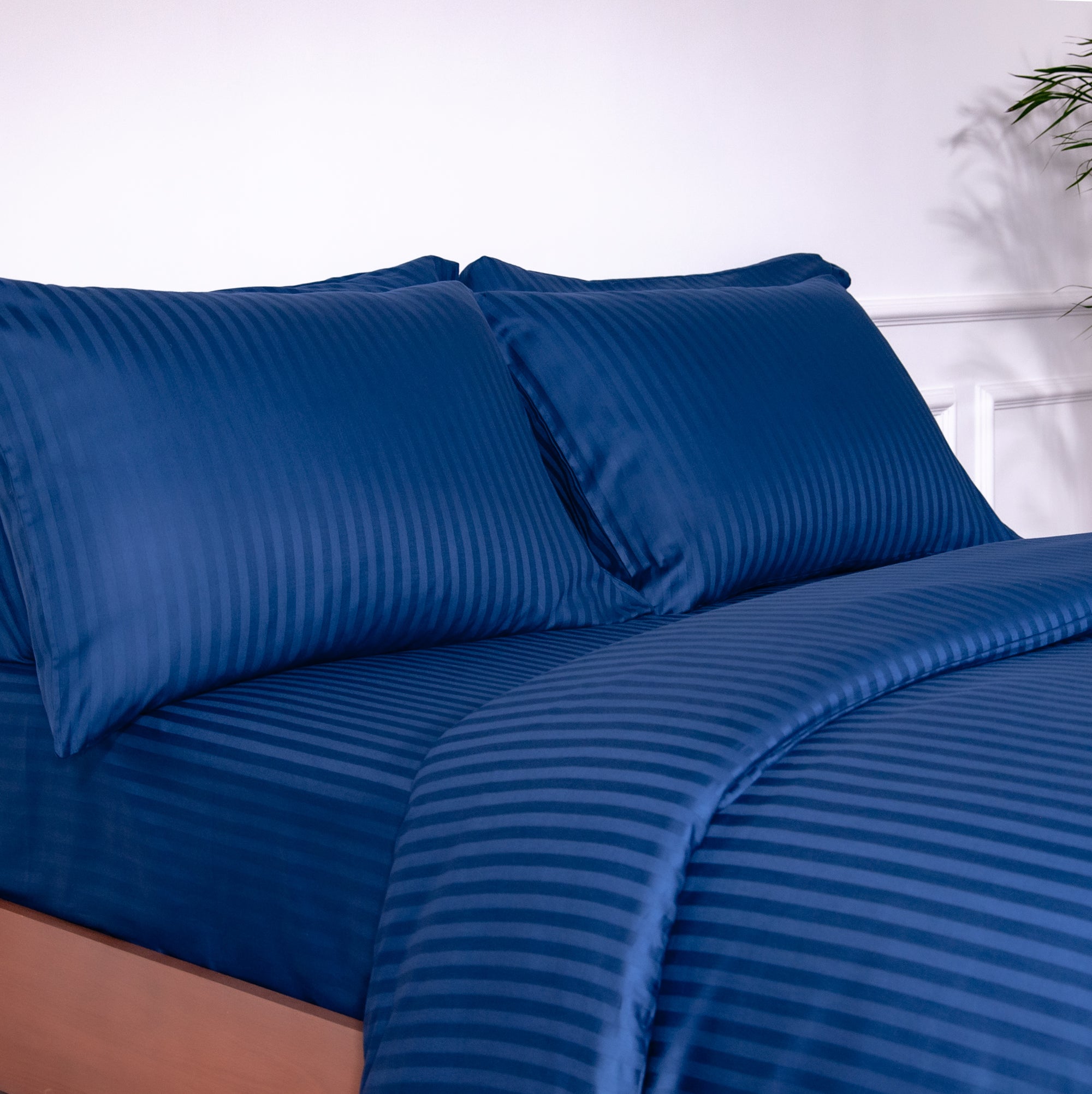 One Piece Navy Blue Striped 100% Cotton Sateen Flat Sheet
