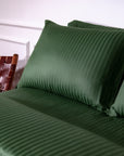 One Pair Green Striped 100% Cotton Sateen Standard Pillowcase