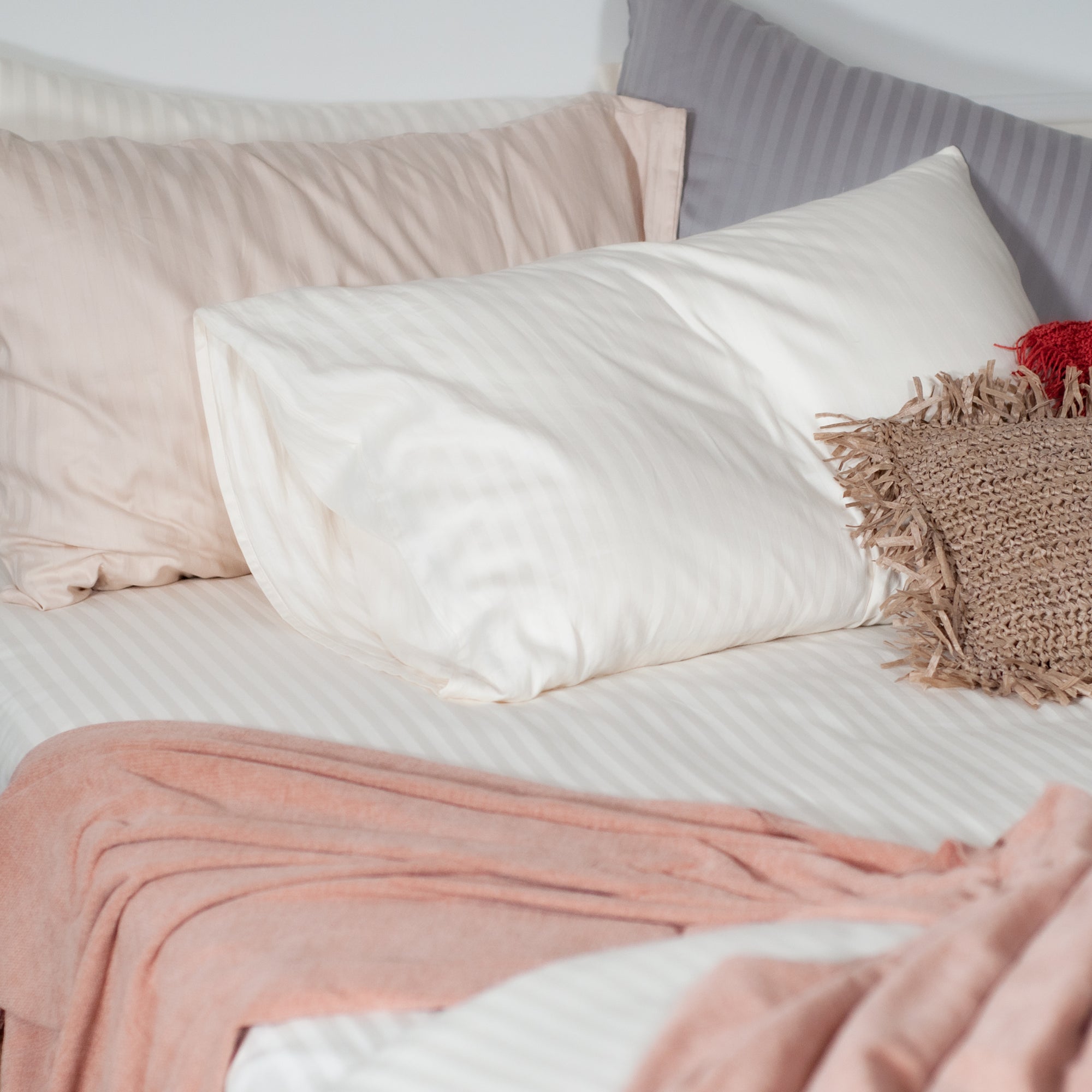 One Piece Pearl White Striped 100% Cotton Sateen Flat Sheet