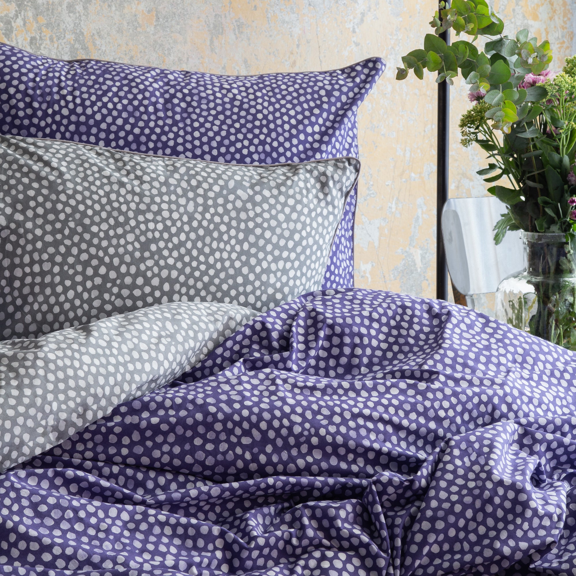 Purple &amp; Grey Polka Dot Cotton Duvet Cover Bedding Set