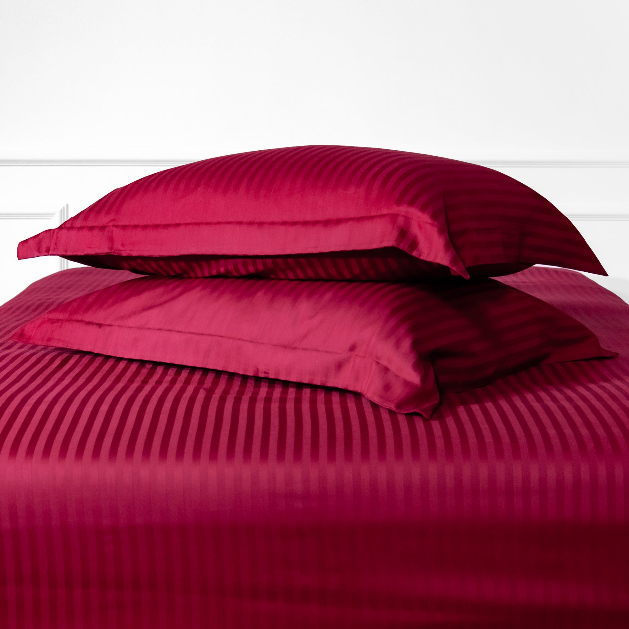 Burgundy Red Striped Cotton Sateen Bedding Duvet Cover Set