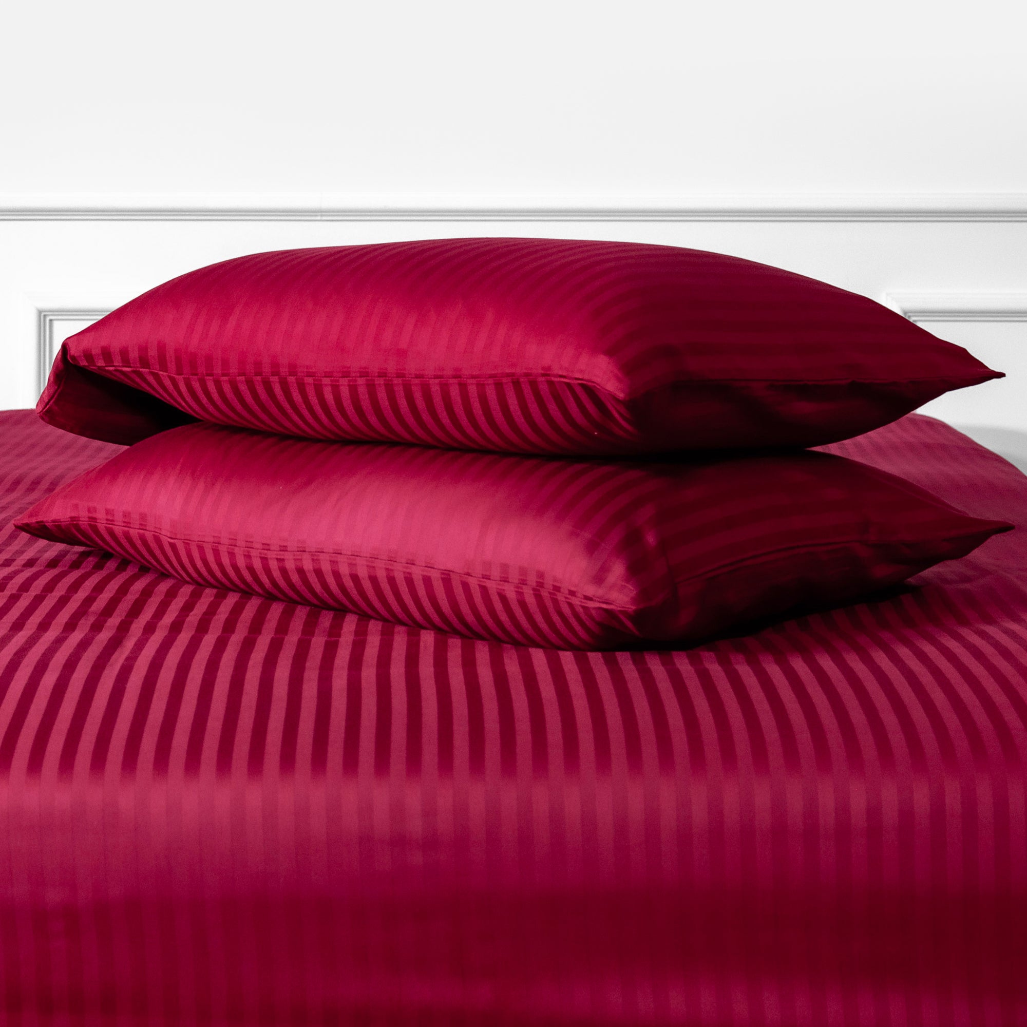 Burgundy Red Striped Cotton Sateen Bedding Duvet Cover Set