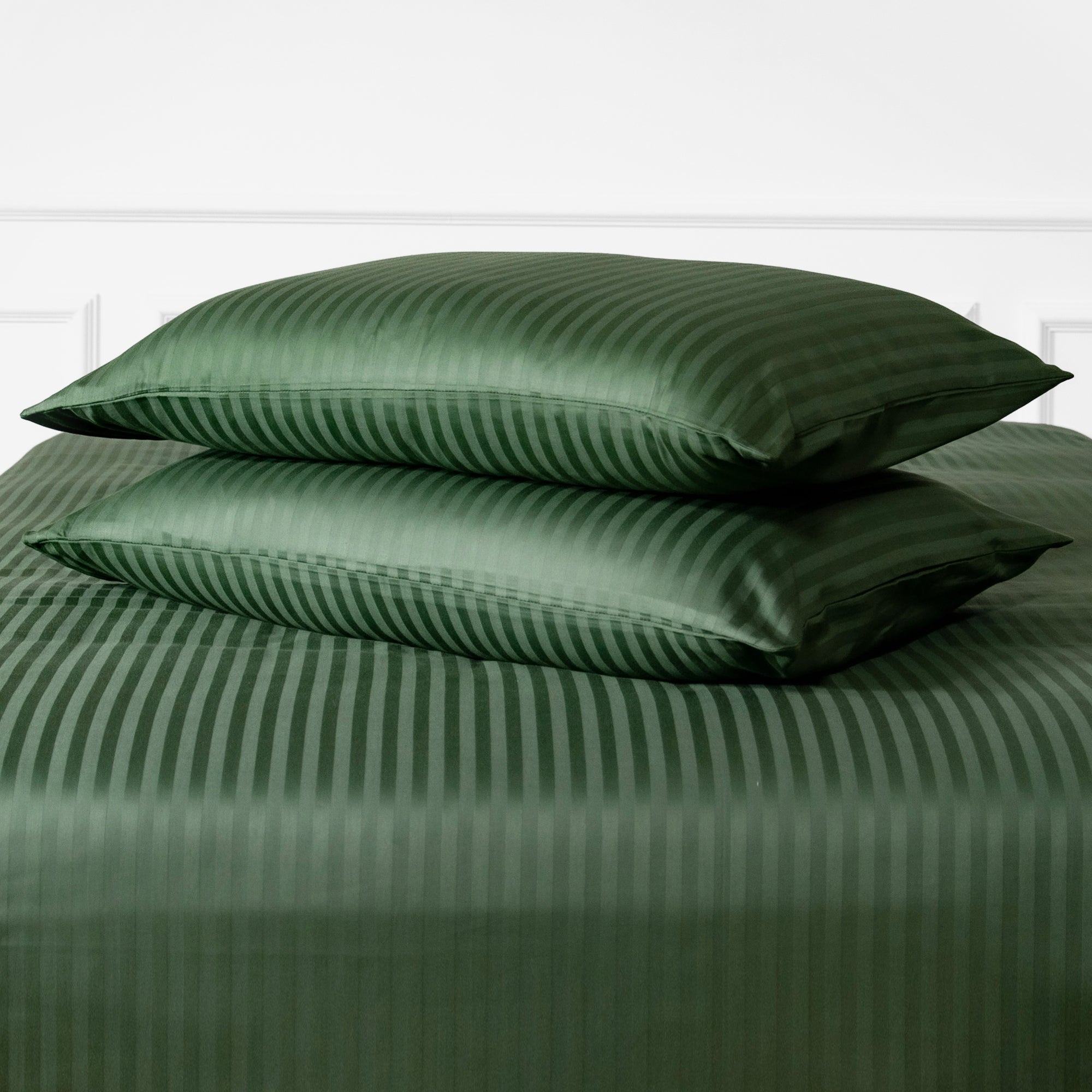 One Pair Green Striped 100% Cotton Sateen Standard Pillowcase