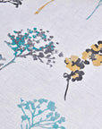 Floral duvet cover detail with blue, yellow, and black flower patterns on a light background