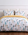 Floral duvet cover set with yellow accents on bed in modern bedroom