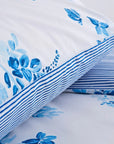 Blue floral and striped duvet cover set with white background, close-up on bedding detail
