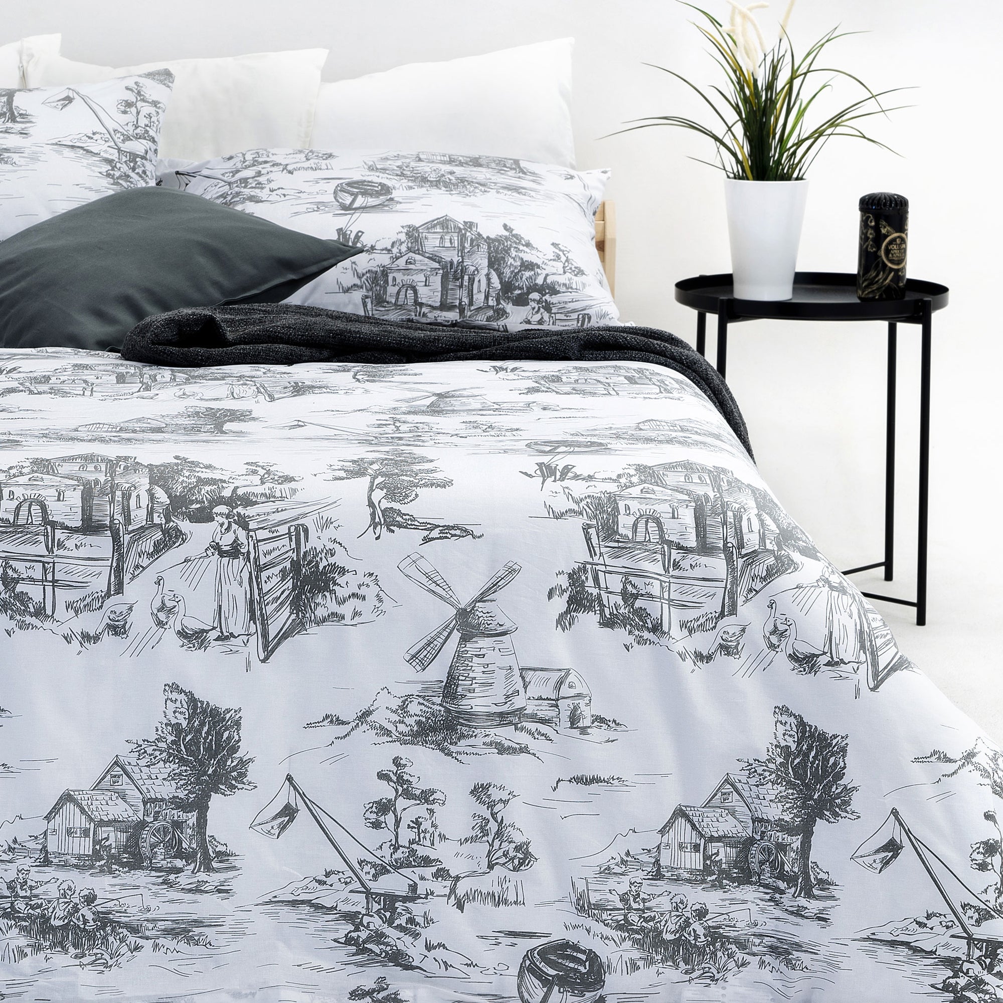 Toile De Jouy Grey Super King Size Cotton Duvet Cover Bedding Set