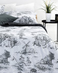 Toile De Jouy Grey Super King Size Cotton Duvet Cover Bedding Set