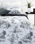 Grey toile de Jouy duvet cover set with countryside print in a modern bedroom