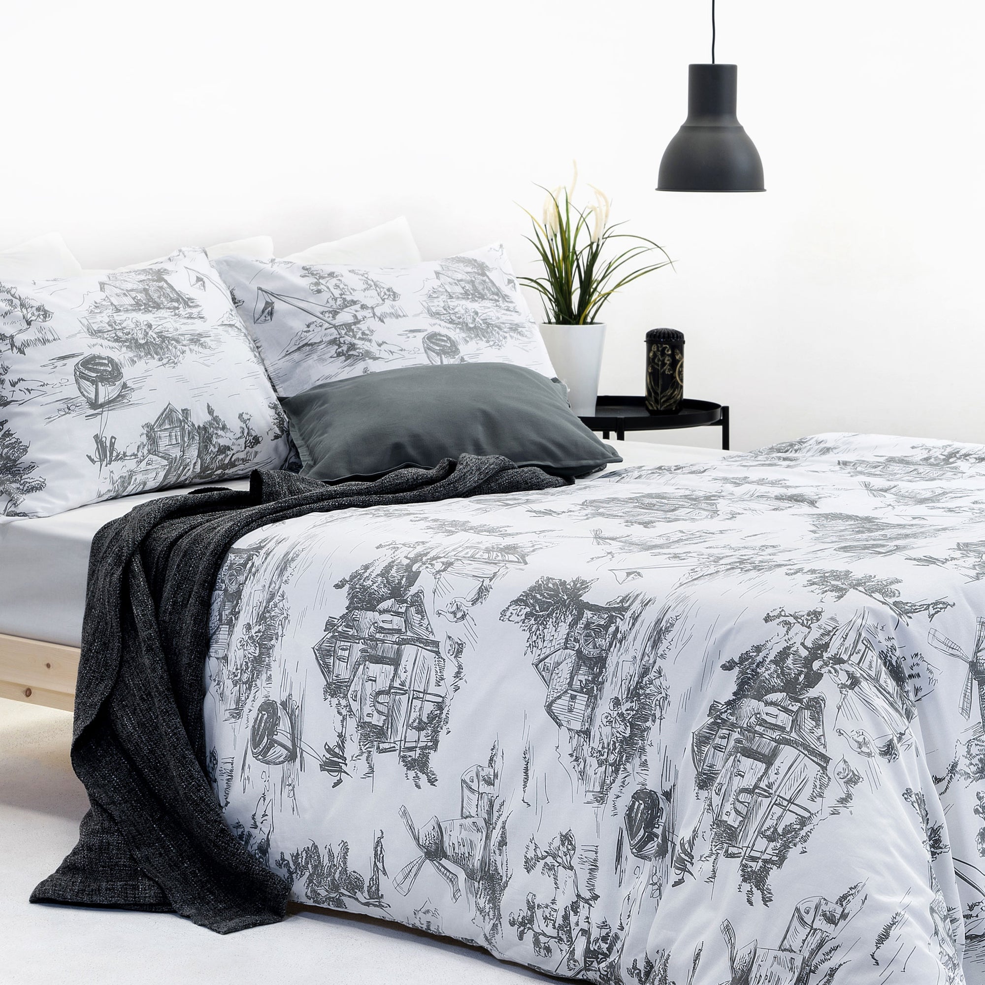 Toile De Jouy Grey Super King Size Cotton Duvet Cover Bedding Set