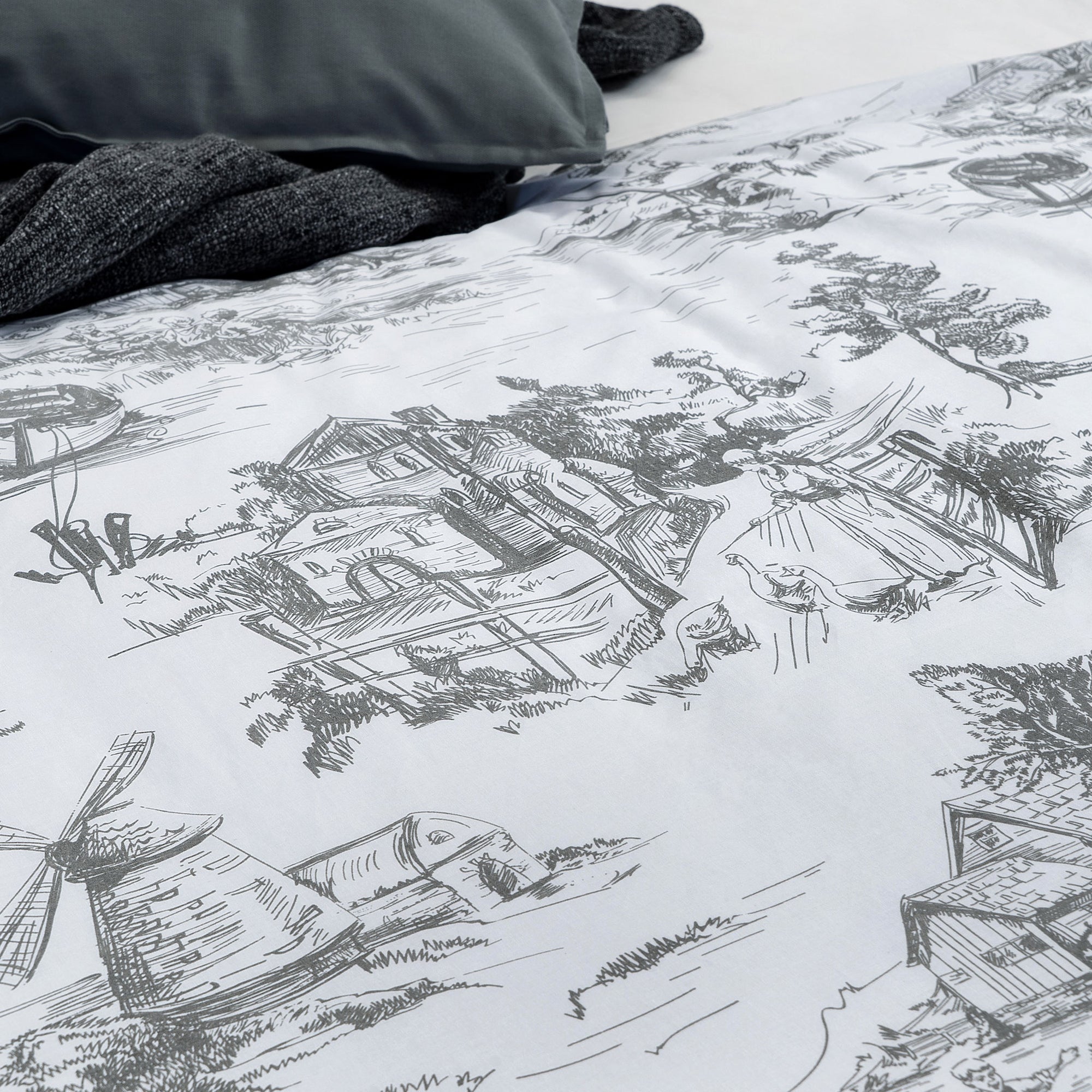 Toile De Jouy Grey Super King Size Cotton Duvet Cover Bedding Set