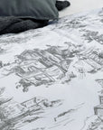 Grey toile de Jouy duvet cover set with detailed countryside illustration print