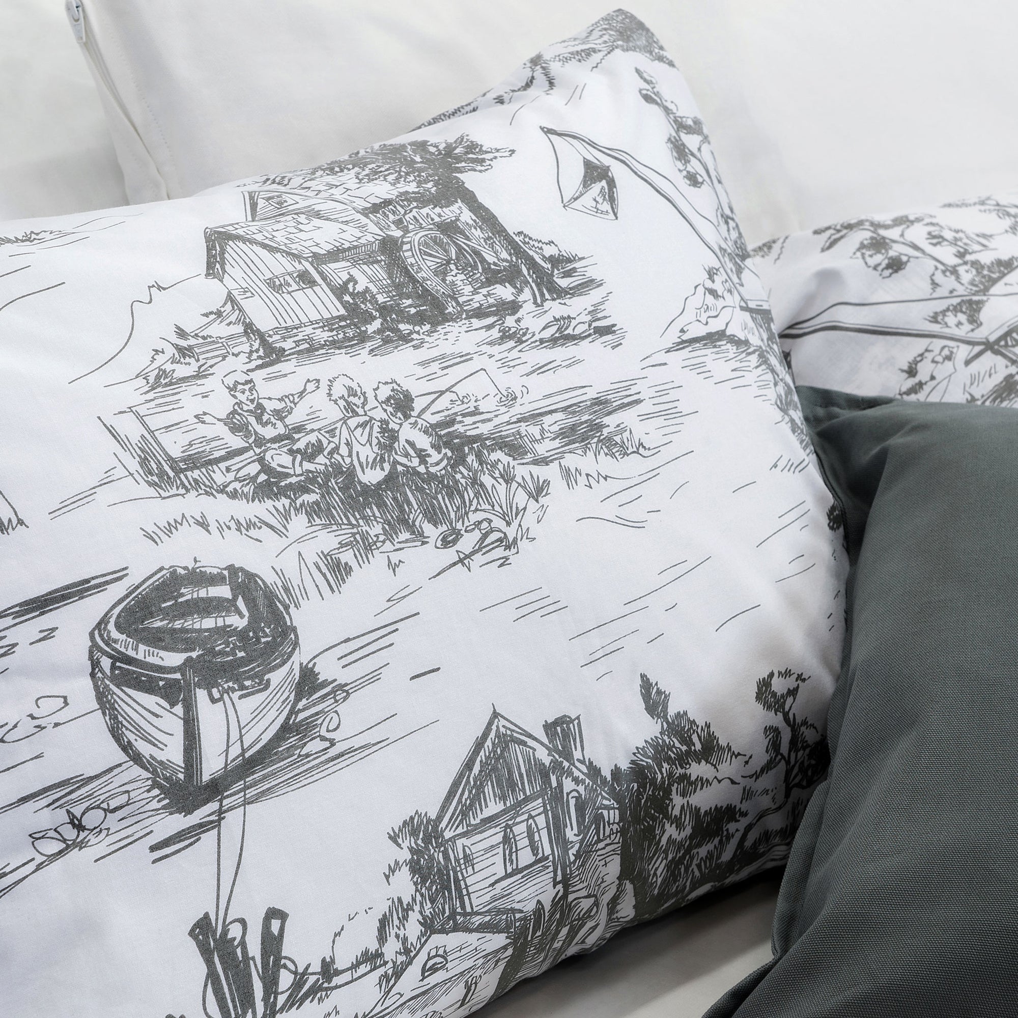 Toile De Jouy Grey Super King Size Cotton Duvet Cover Bedding Set
