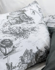 Toile de Jouy grey duvet cover set with black pastoral illustrations and white fabric
