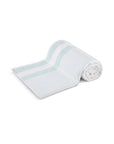 White and teal striped peshtemal towel rolled on white background