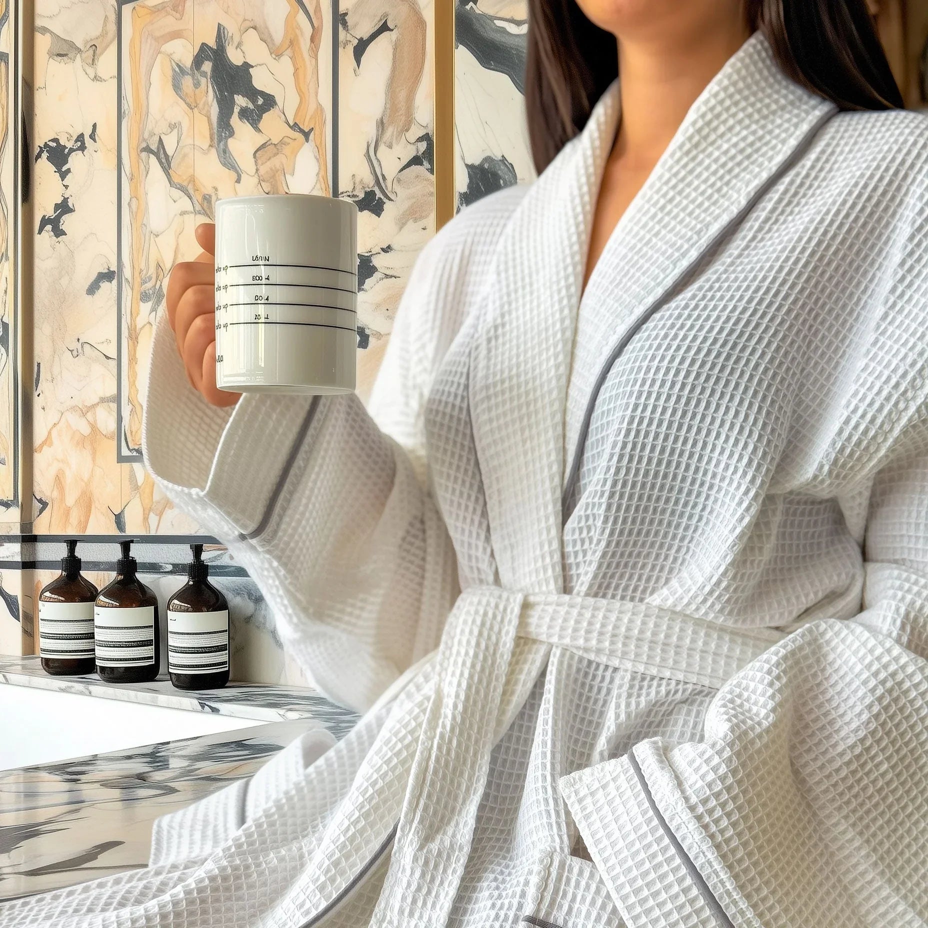 Woman in white waffle bathrobe holding mug in a modern marble bathroom with toiletries.