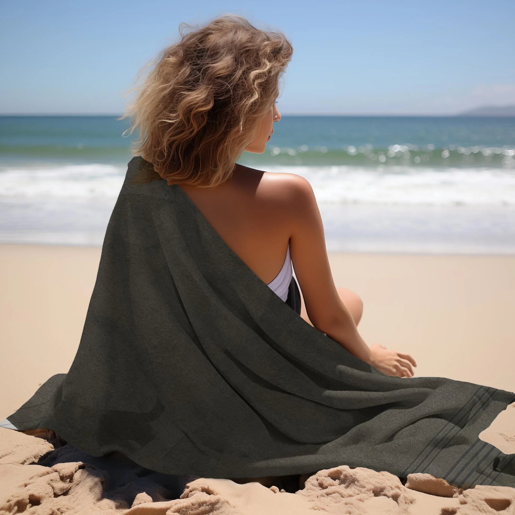 Woman on beach with dark peshtemal towel, shoreline and ocean waves in background