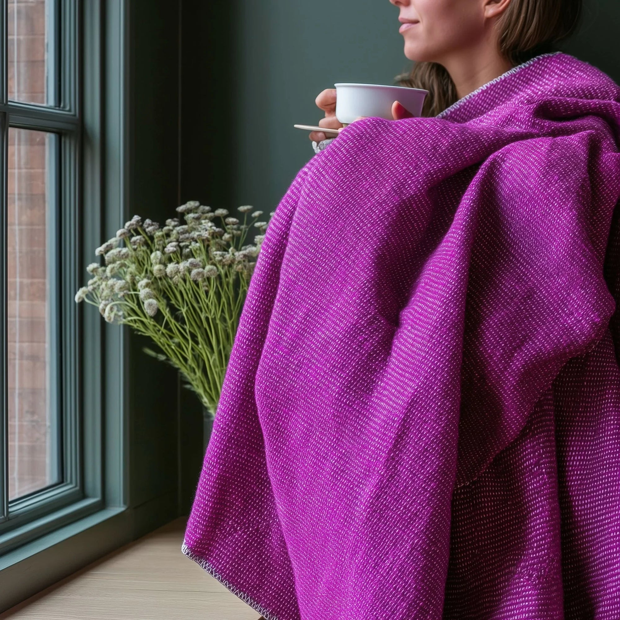 Woman wrapped in a purple throw blanket, holding a cup by a window with flowers