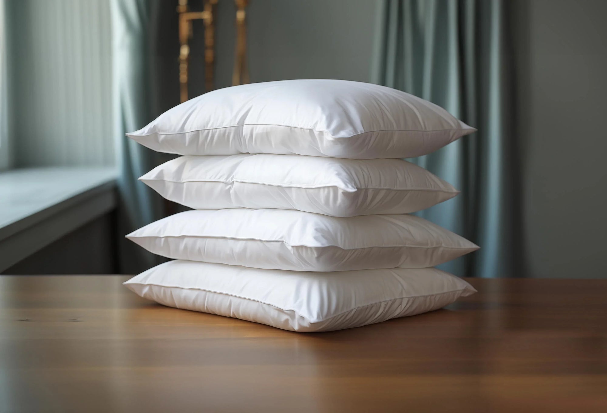 Stack of four white Oxford pillowcases on wooden table in bright room