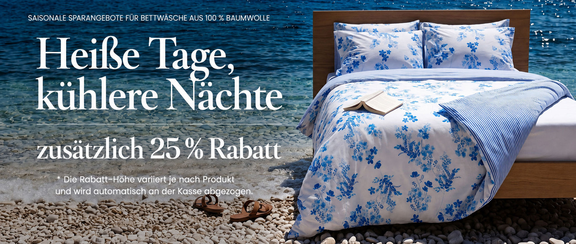 A bed dressed in a blue and white floral print bedding set, placed in front of a beach scene with pebbles and ocean water. Large German promotional text overlays appear on the left side of the image.