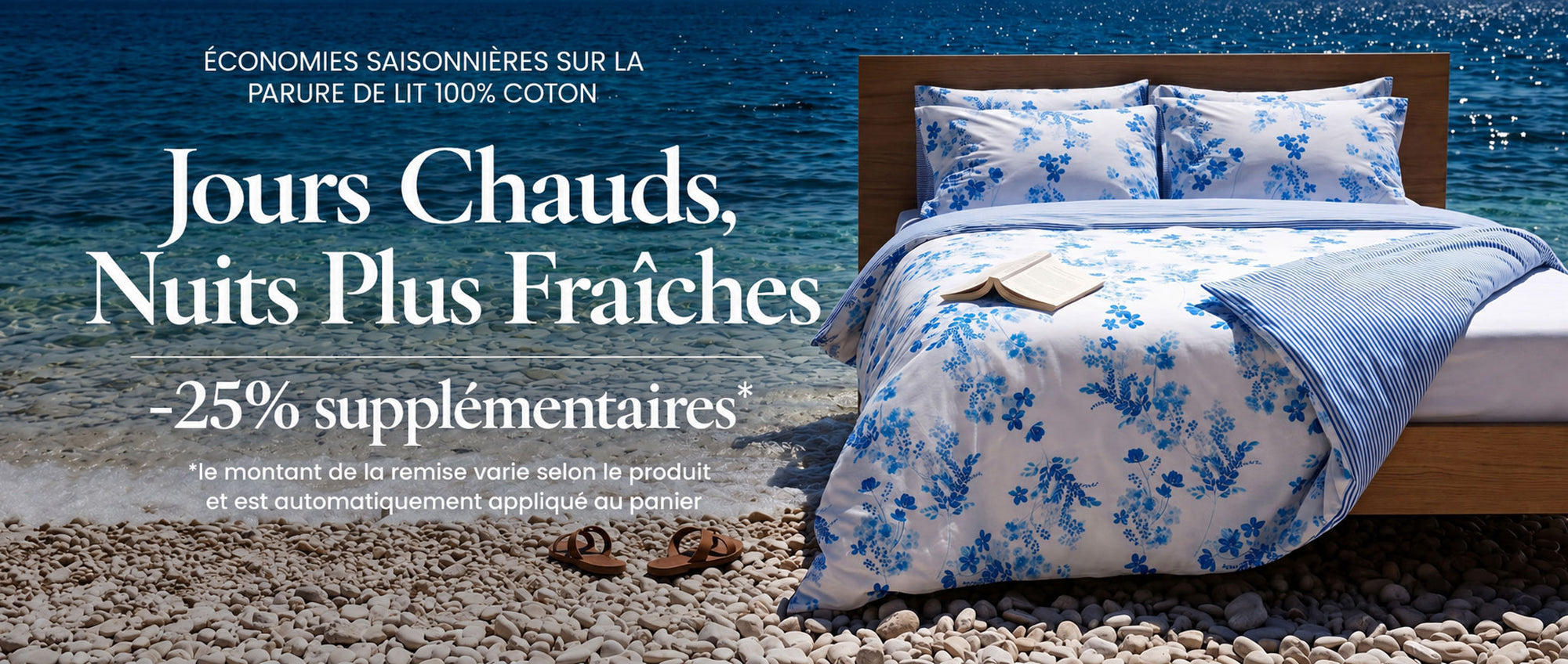 A bed dressed in a blue and white floral-patterned duvet cover and matching pillowcases, placed on a pebble beach with ocean water in the background. Large French promotional text appears on the left side of the image.