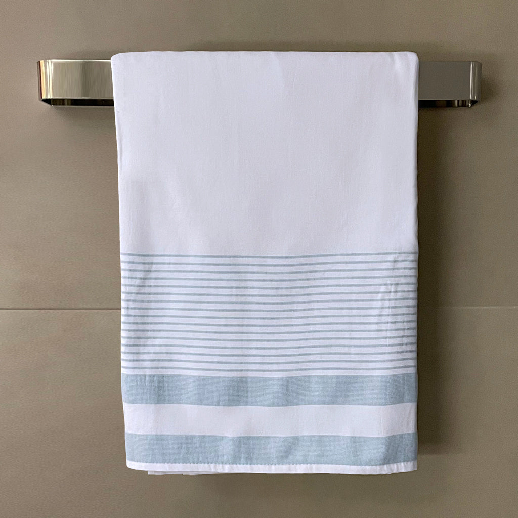 White &amp; Teal Striped 100% Turkish Cotton Peshtemal Towel