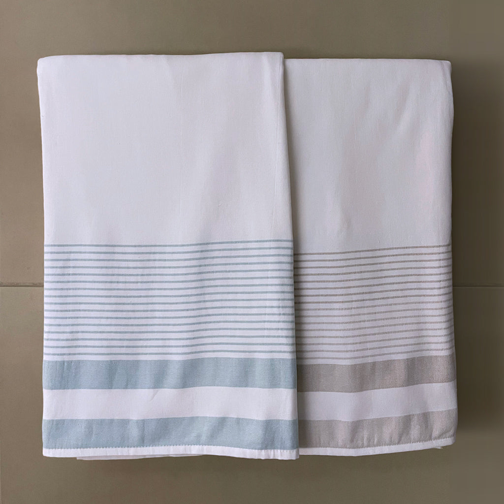 White &amp; Teal Striped 100% Turkish Cotton Peshtemal Towel