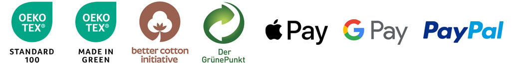 Collection of logos including OEKO-TEX, Better Cotton Initiative, GrünPapier, Apple Pay, Google Pay, and PayPal.