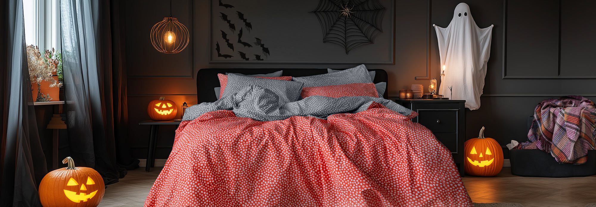 30% off Halloween discount pumpkin orange polka dot duvet cover set