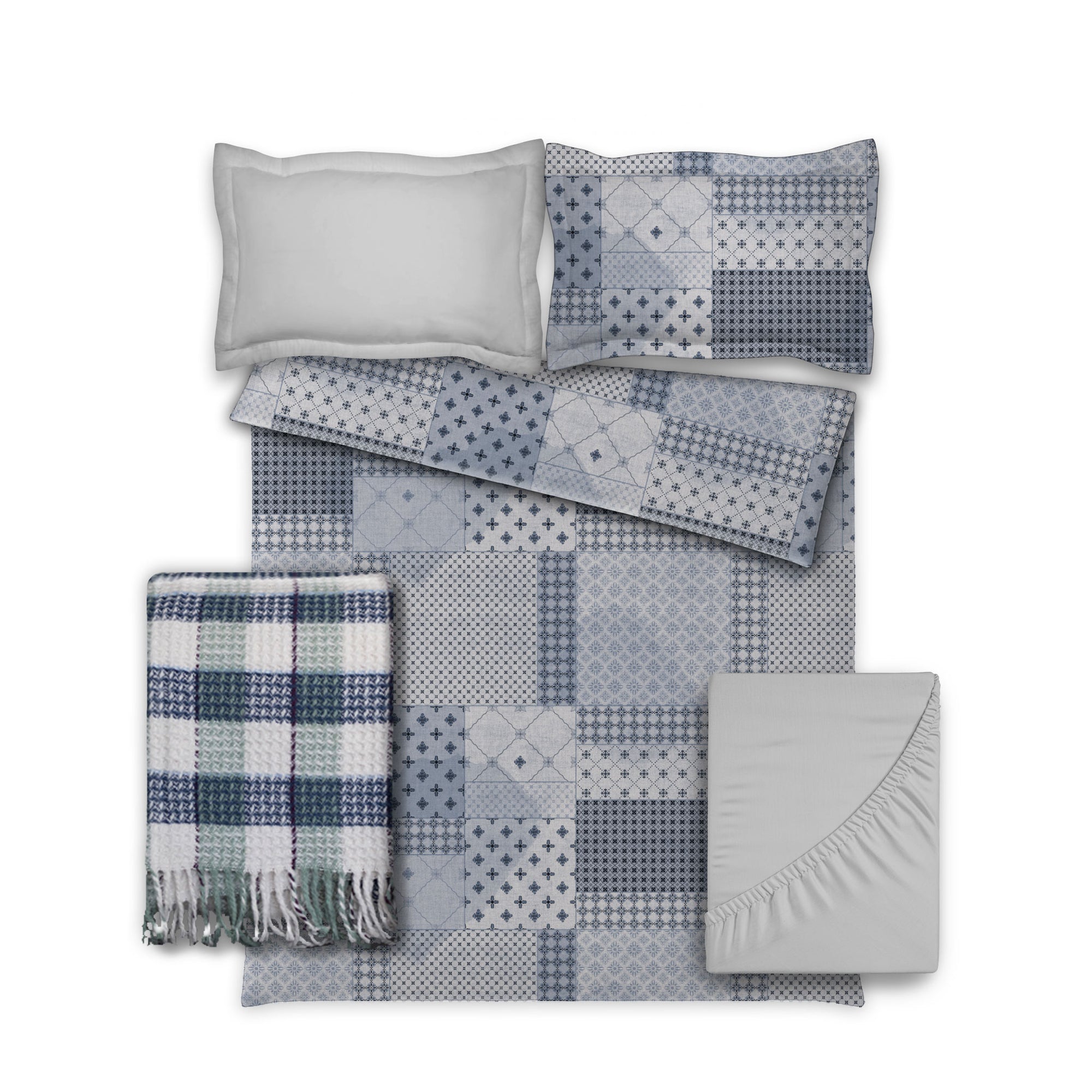Gray and blue checkered bedding set with pillowcases and a blanket on a white background