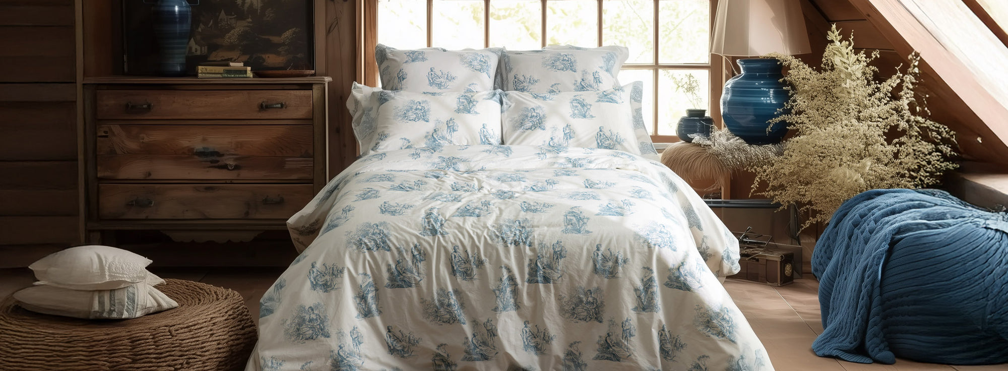 blue toile de jouy pattern duvet cover set