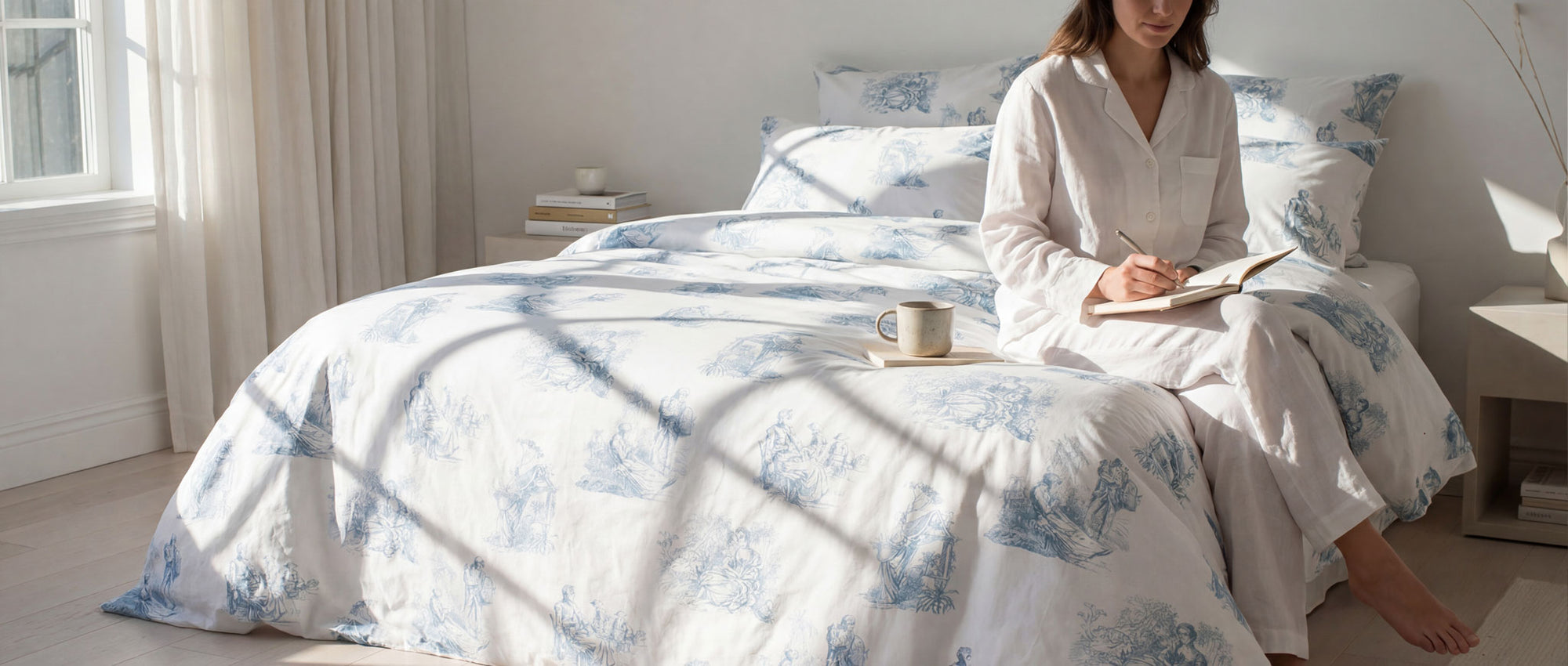 A woman sitting on a bed covered with a blue floral toile de jouy duvet cover bedding set, holding a book 