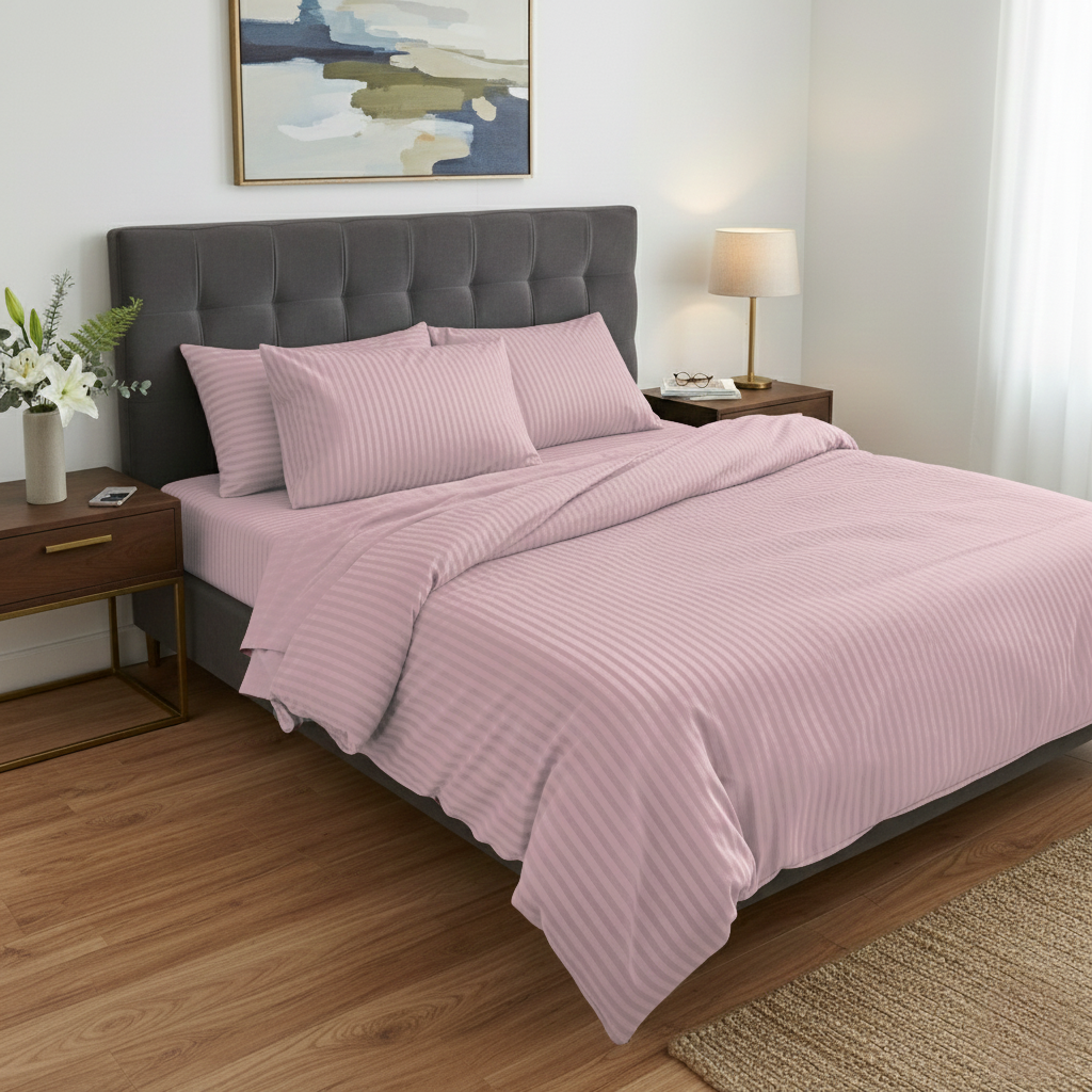 Bedroom with pink bedding and a gray upholstered headboard.