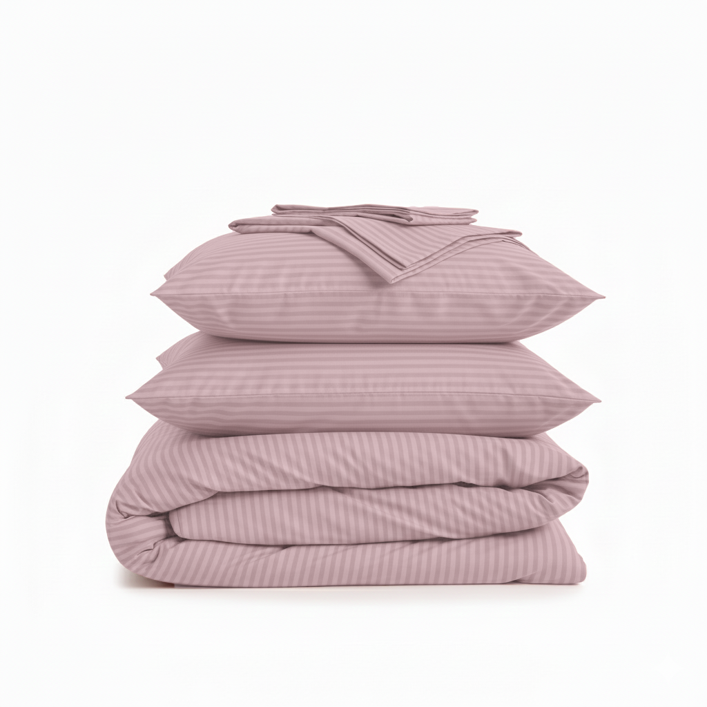 Stack of pink bedding including a duvet and two pillows on a white background