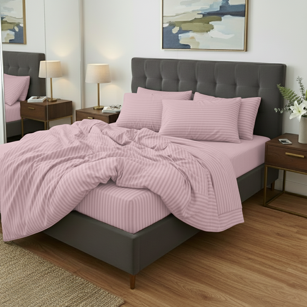 Bedroom with pink bedding and gray headboard