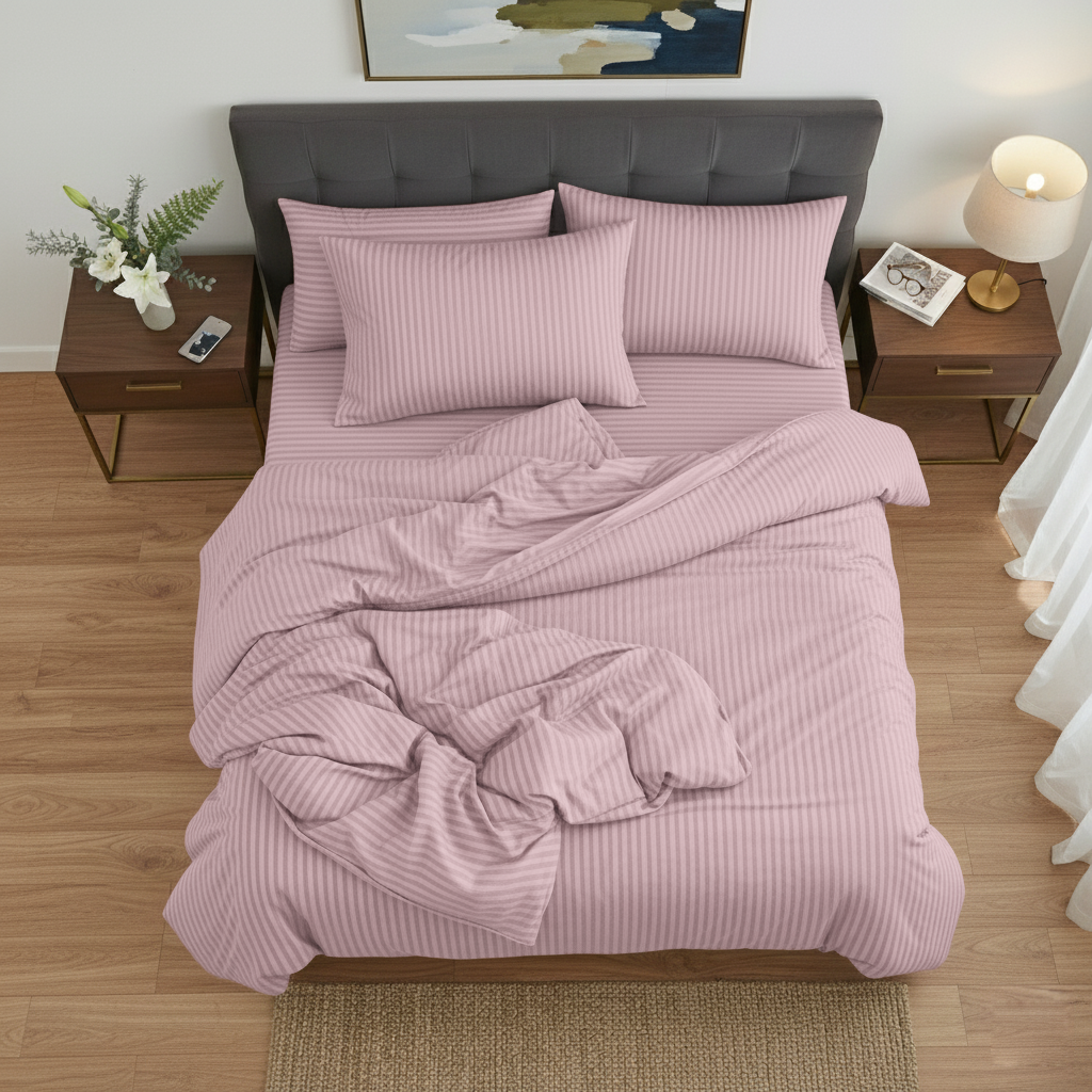Pink striped bedding set on a bed in a bedroom with wooden floors and a lamp.